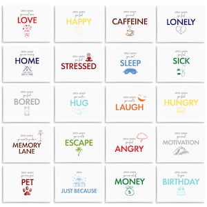 May include: Twenty cards with colorful illustrations and text. Each card has a different message, such as "Open when you need some love" or "Open when you feel stressed".