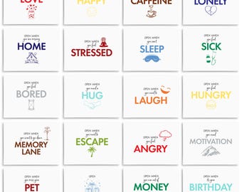 May include: Twenty cards with colorful illustrations and text. Each card has a different message, such as "Open when you need some love" or "Open when you feel stressed".