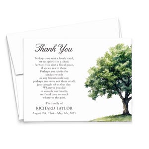 May include: A white thank you card with a watercolor illustration of a tree on the right side. The card includes the text "Thank You" in elegant script, along with a heartfelt message and the name Richard Taylor.