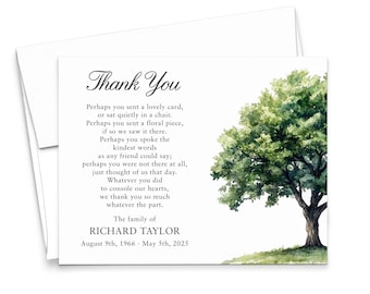 Personalized Funeral Thank You Notes Trees, FLAT Watercolor Sympathy Cards With Printed Message, Oak Tree Notecards With Envelopes, FTY039
