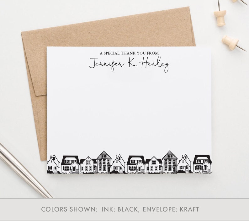 Personalized Professional Stationery for Women Custom Real Estate Stationery, Houses Bottom Border Note Cards for Real Estate Agent, PS180 image 1