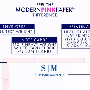May include: A white note card with a navy blue border and the text "SM Stephanie Martinez" printed on it. The card is 4 1/2 inches by 5 1/2 inches and is made of 110lb heavy weight white card stock. The card is accompanied by a navy blue envelope with the text "70lb Text Weight" printed on it. The card and envelope are part of a set that includes high quality flat printed vivid colors, crisp text and graphics.