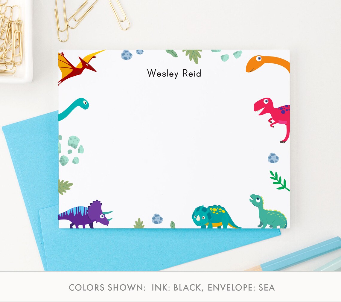 Dinosaur Note Cards Personalized Dino Stationery Set, Kids Custom ...
