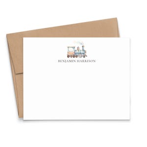 Papelería personalizada para niños para cartas, tarjeta de agradecimiento con forma de tren plano y sobre, papelería de acuarela personalizada para niños, regalos de tren, KS270