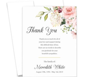Floral Funeral Thank You Notes, Personalized Funeral Sympathy Thank You Cards with Envelopes, Celebration of Life Thank You Cards, FTY005