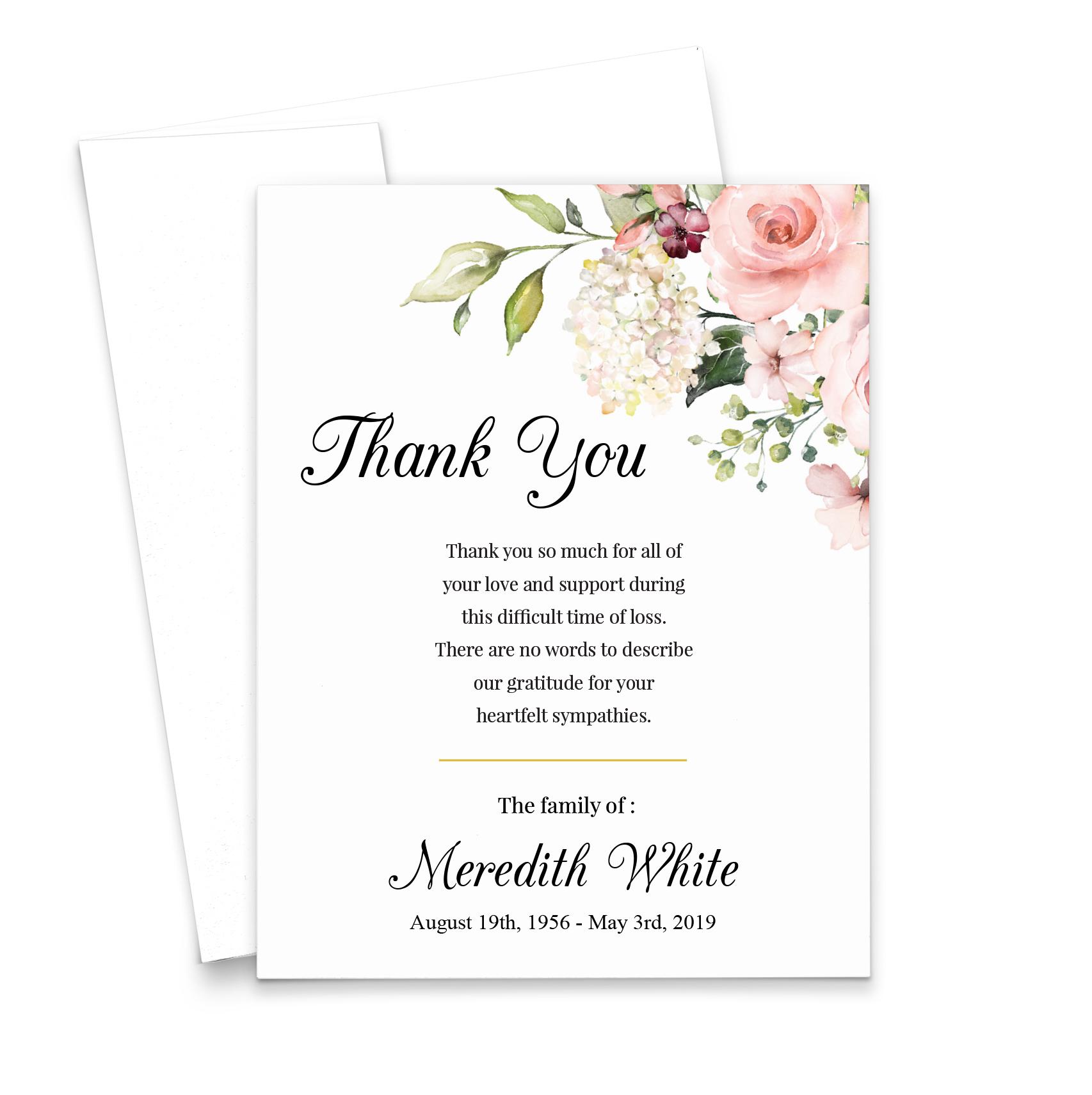 Floral Funeral Thank You Notes, Personalized Funeral Sympathy