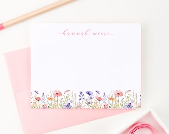 Personalized Note Cards with Watercolor Print, Wildflower Stationery Sets for Letter Writing, Custom Note Cards with Envelopes Cursive PS198