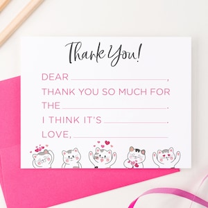 Invulbare kattenbedankkaarten voor kinderen Briefpapier met kaarten invullen, briefpapier set dieren, schattige bedankbriefjes voor meisjes, KS228