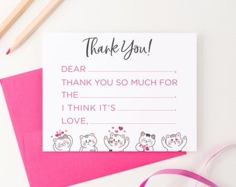 Cat Fill in The Blank Thank You Cards for Kids Fill In Stationery with Cards, Animal Stationary Set, Cute Thank You Notes for Girls, KS228