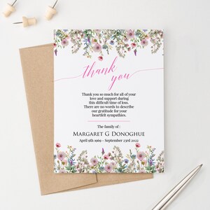 Klassische Blumenbeerdigung Dankeskarten Personalisiert, Beileidskarte mit Umschlägen, rosa Wildblumen-stationäres Set, Gedenkstätte FTY032