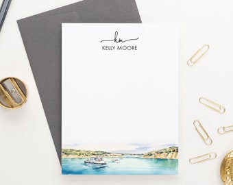 Watercolor Personalized Monogram Stationary Cards, Flat Note Cards With Name, Summer Lake Landscape Notecards, 2 Initial Monogram MS088