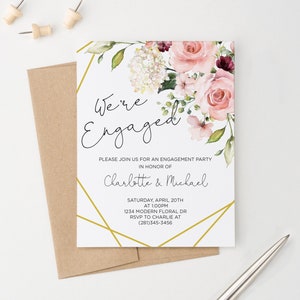Floral Engagement Party Invites Printable, Flower Engagement Invitations Gold Engagement Invites, Pink Floral Engagement Invitation, EI026