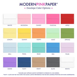 May include: A chart showing 18 different envelope colors offered by Modern Pink Paper. The colors are arranged in rows and labeled with their names: White, Blossom, Candy, Fuschia, Apple, Lemon, Sunny, Poppy, Mint, Spring, Bell, Pool, Razz, Sea, Plum, Grape, Navy, Kraft, Slate, and White.