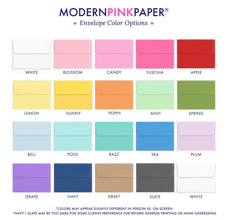 May include: A chart showing 18 different envelope colors offered by Modern Pink Paper. The colors are arranged in rows and labeled with their names: White, Blossom, Candy, Fuschia, Apple, Lemon, Sunny, Poppy, Mint, Spring, Bell, Pool, Razz, Sea, Plum, Grape, Navy, Kraft, Slate, and White.
