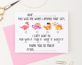 Girls Dinosaur Thank You Cards for Kindergarten, Kids Thank You Notes Fill In, Kids Guided Stationery, Dino Stationary for Kid, Dinos, KS233