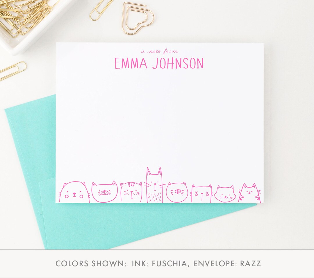 Cat Stationary for Girls, Personalized Cat Stationery Set, FLAT Note ...