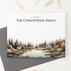 Papeterie familiale personnalisée, cartes de correspondance pliées avec enveloppes, papeterie aquarelle rivière, cartes de correspondance des bois, nom de famille FS036