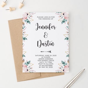 Personalized Modern Wedding Invite with Florals, Floral Wedding Invitations Elegant Wedding Invitation Flowers Marriage Invitations, WI061