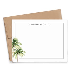 Tarjetas de notas personalizadas con sobres, juego de tarjetas de notas con diseño de palmeras de acuarela, papelería de playa tropical para cartas, PS290