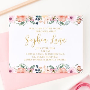 Girl Baby Birth Annonce Carte Fille Naissance Annonce Carte, Pas de photo, Carte d’annonce de bébé fille, Annonce de naissance florale, BA002