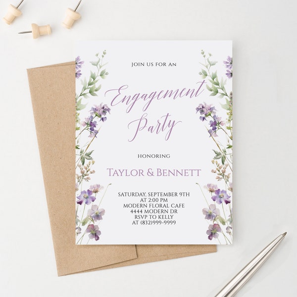 Elegant Floral Engagement Party Invitations, Purple Engagement Party Invitation Minimalist, Personalized Engagement Party Invitations EI041