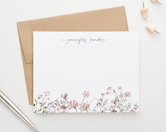 Personalized Note Cards with Border, Wildflower Stationery Sets for Women, Custom Stationary with Envelopes, Watercolor Notecards PS213