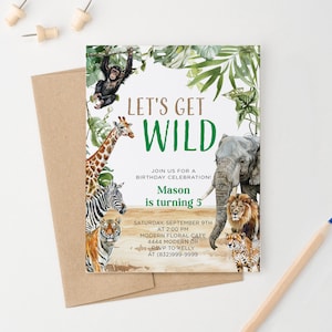 Invitación de cumpleaños Let's Get Wild, invitaciones de fiesta personalizadas con sobres, invitación con temática de safari para niños, tarjeta de cumpleaños de animales BI145