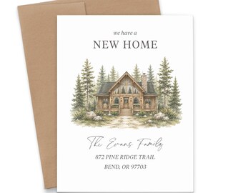 Mountain Moving Announcement Cards, FLAT Custom We Moved Notecards With Envelopes, Personalized New Address Card With Pine Trees, MA065