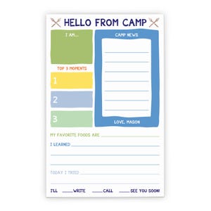 Papelería de campamento personalizada para escribir cartas con líneas, papelería de campamento con sobres, bloc de notas personalizado para campistas con nombre, NP481