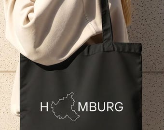 Jutebeutel Hamburg mit Umrisskarte, Cotton Tote Bag, black and navy mit weißer Schrift, Hamburg Geschenk, Einkaufstasche, Christmas Gift