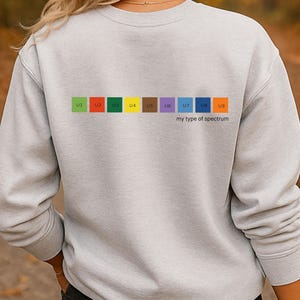 May include: Pale grey sweatshirt featuring a colourful spectrum design on the back. The spectrum includes green, red, green, yellow, brown, purple, blue, orange, and the text "my type of spectrum".
