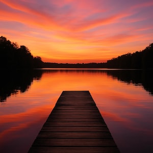 Könnte beinhalten: Ein Holzsteg erstreckt sich in einen ruhigen See und spiegelt die leuchtenden Farben eines Sonnenuntergangs wider. Der Himmel leuchtet in Orange, Rosa und Lila und schafft eine ruhige und malerische Landschaft.