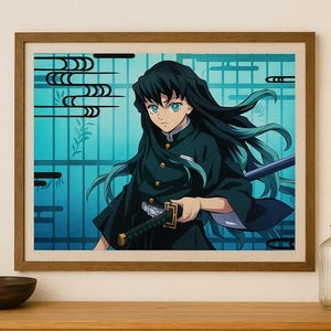 May include: Framed art print featuring a character with long, dark hair and teal eyes, holding a sword. The character is dressed in a dark uniform against a teal and blue background. The artwork is displayed in a wooden frame.