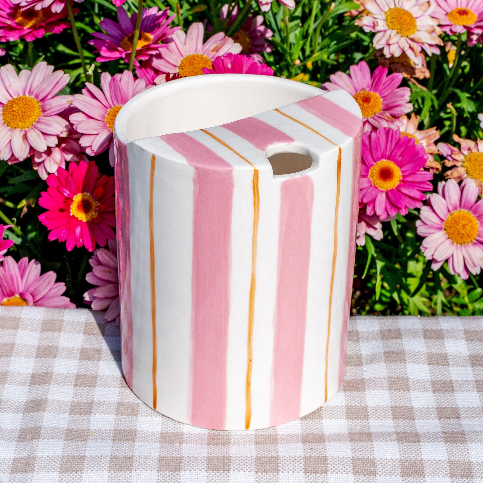 Striped Ceramic Travel Mug, Hand-Painted Stripes Travel Coffee Mug, Pottery Tumbler Half Lid, Mother's Day Gifts - Pink