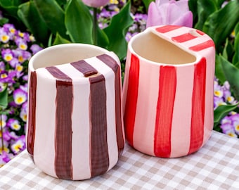 Striped Ceramic Travel Mug, Hand-Painted Pink Brown Travel Coffee Mug, Pottery Tumbler Half Lid, Mother's Day Gifts
