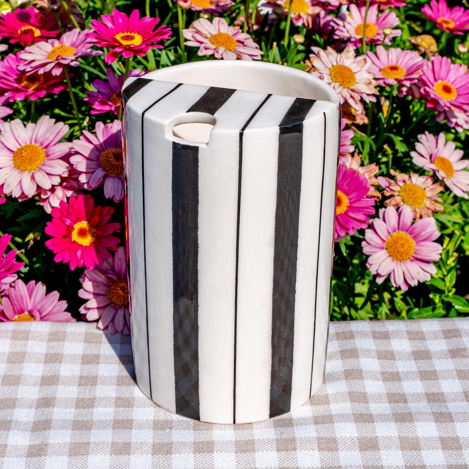 Striped Ceramic Travel Mug, Hand-Painted Stripes Travel Coffee Mug, Pottery Tumbler Half Lid, Mother's Day Gifts - Black