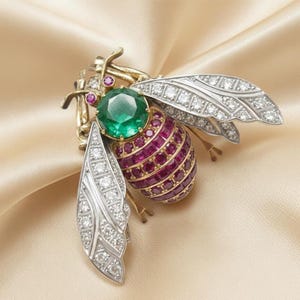 May include: A detailed bee brooch crafted from gold and silver, featuring an emerald head, a body adorned with rubies, and wings embellished with diamonds. The brooch's design is set against a soft, golden fabric background, showcasing its luxurious details.