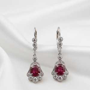 Oval Red Ruby Earrings 14K Gold Plated & Silver Handmade Jewelry Gift For Her