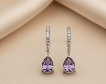 Purple Amethyst & Diamond Drop Dangles Earrings For Her 14K Gold Plated Silver Handmade Jewelry