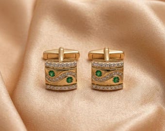 Luxurious Emerald & Diamond Pave Statement Cufflinks 14K Gold Plated Silver