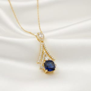 Minimalist Cushion Sapphire & Diamond Pendant 14K Gold Plated Gift Necklace For Her
