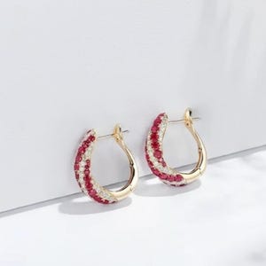 Può includere: Un paio di orecchini a cerchio dorati. Ogni orecchino è adornato con file alternate di piccole pietre preziose rosse e chiare. Gli orecchini hanno un design classico ed elegante, perfetto per aggiungere un tocco di brillantezza.