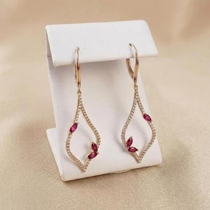 Elegant Diamond With Pink Ruby Floral Teardrop Drop Dangle Earrings 14K Gold Plated