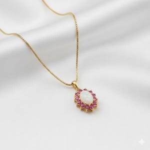 Oval Floral Opal & Ruby Pendant, 14k Gold Plated Free Chain Women's Necklace Gift Jewelry