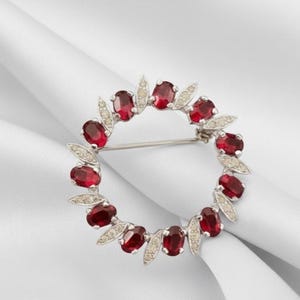 Elegante Rubin & Diamant Unisex Blumen Design Brosche Pin 14K Vergoldetes Silber