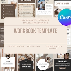 May include: A digital workbook template with a neutral color palette. The design includes sections for a table of contents, about me, and chapter headings. The Canva logo is visible. Text includes "Mix and Match Instead of Making From Scratch!" and "Easy to Download".