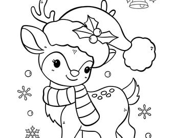 Pode incluir: Ilustração a preto e branco de uma rena de desenho animado usando um chapéu e cachecol, com flocos de neve e o texto "45 PAGES". Um sino e azevinho estão no canto superior direito. A rena tem manchas e um cachecol listrado.