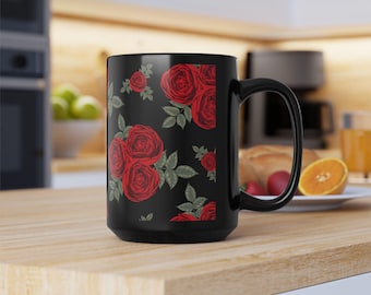 Red Rose Pattern Black Mug | Floral Coffee Cup