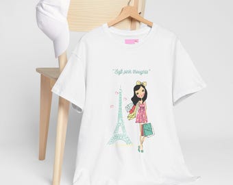 Koszulka z dziewczyną z Paryża na zakupach | Ilustracja modowa Wieży Eiffla