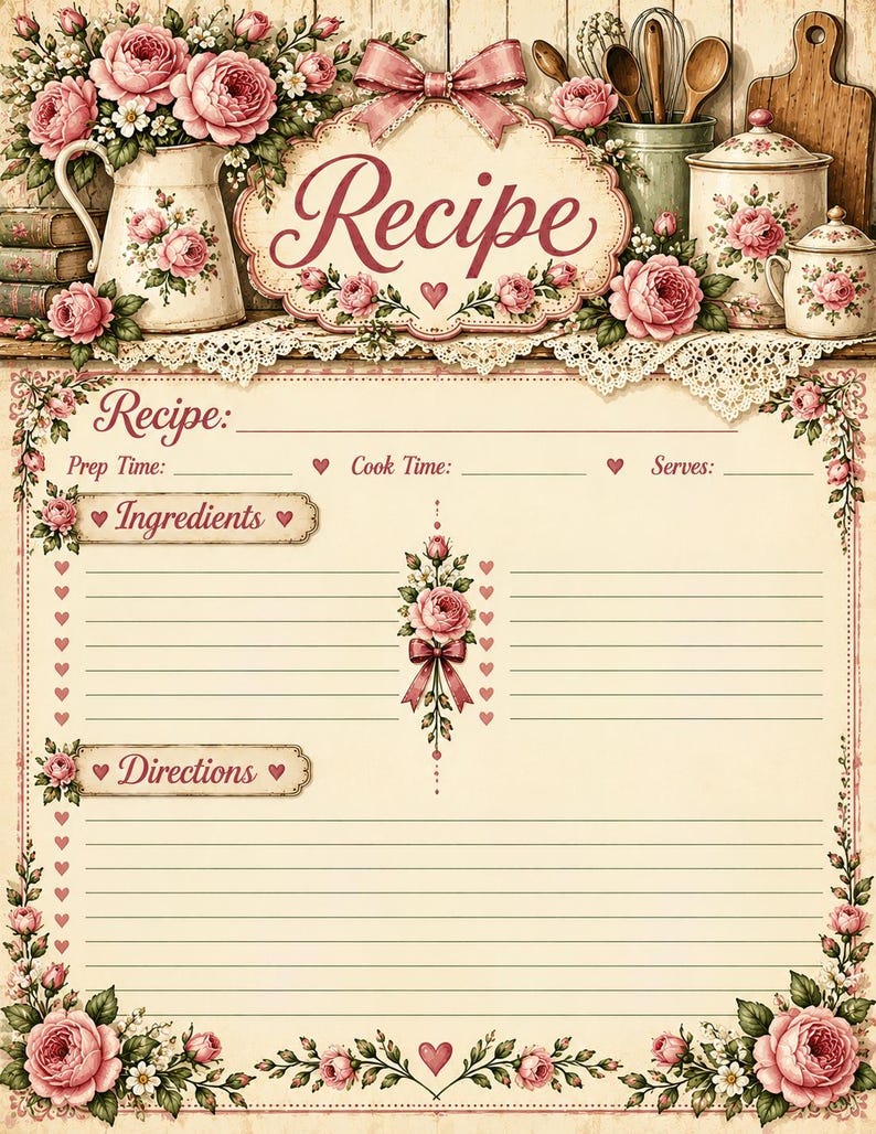 30 Unique Vintage Farmhouse Recipe Cards Printable Bundle, Rustic ...